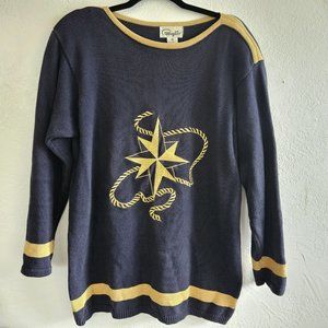 Vintage Pappagallo Nautical Marine Navy Blue Gold Sailor Long Sweater Star M